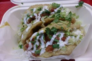 Late Night Navajo Tacos x2:
House Fry Bread
Organic Power Greens
Chickpea Chorizo
Not-Yo Cheese Sauce
Pico De Gallo
Lime Crema at Lil' Lotus in Salt Lake City