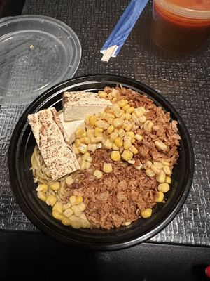 Vegan spicy with tofu, corn, and double crispy onions (pre-broth) #Veganuary at Slurp Ramen in Port Jefferson