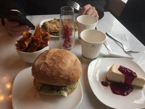 Biscuits and gravy, burger, chips, and cheesecake  at Urbavore in Lynchburg