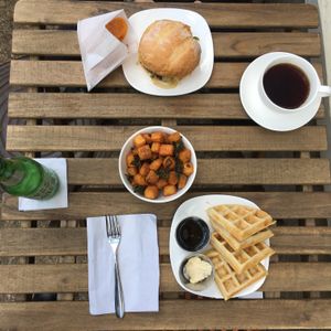 Vegan Philly Cheesesteak with Sweet Potato Chips and Coffee; Vegan Waffle with Taters & Kale and Roots of Maine Ginger Brew at Urbavore in Lynchburg