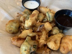 Tempura vegetables with vegan dipping sauces!  at Upland Brewing Company in Bloomington