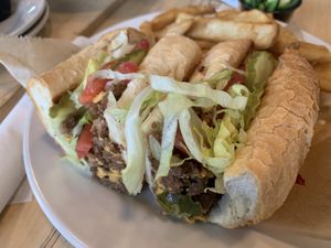 Impossible chopped cheeze- comes with a side! I chose fries (best in town!). 🍟  at Upland Brewing Company in Bloomington