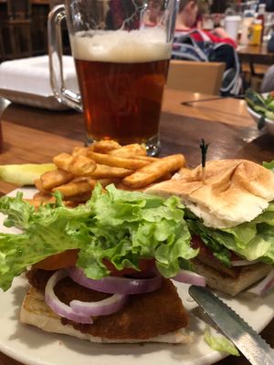 Seitan tenderloin + fries and dragonfly! at Upland Brewing Company in Bloomington