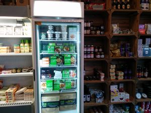 product shelves in the cafe  at Acorn Pie and Mash in Leigh-on-sea