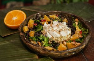 Citrus salad with pearl couscous, walnuts and feta cheese at Agharti in Odessa