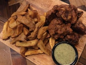 Hand cut fries, vegan aioli and deep fried cauliflower  at Little High Eatery in Christchurch
