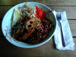 Tempura vegetable donburi w/ salad & rice for $14 at Little High Eatery in Christchurch