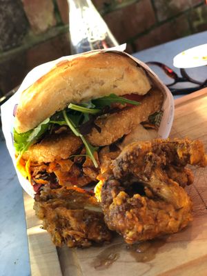 'Sweet Sweet Clo' vegan burger and deep fried cauliflower side. at Little High Eatery in Christchurch