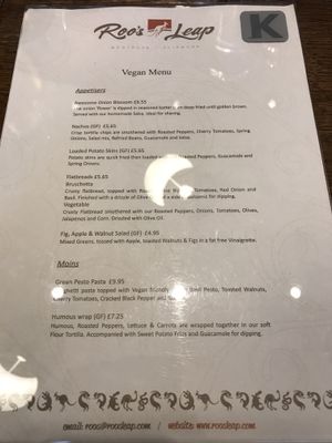Vegan menu - side one  at Roos Leap in Montrose