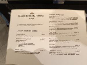 Menu at Vegazzi Specialty Pizzeria in Budapest