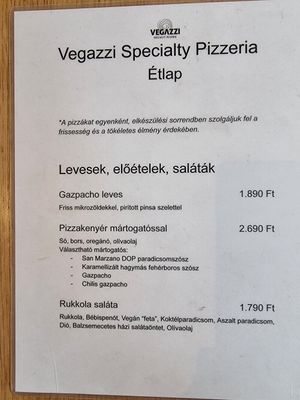 Menu 1 at Vegazzi Specialty Pizzeria in Budapest