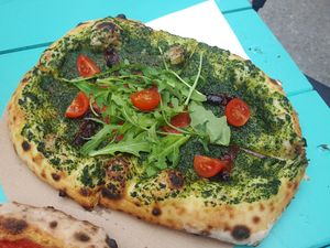 Pizza Verde. A perfect taste of spring/summer. at Vegazzi Specialty Pizzeria in Budapest