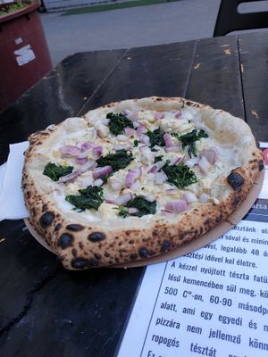 The March special pizza, with tofu ricotta and a creamy sauce at Vegazzi Specialty Pizzeria in Budapest