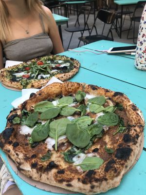 Mushroom pesto for me and normal pesto for my fiend, we added the rice mozzarella on both  at Vegazzi Specialty Pizzeria in Budapest