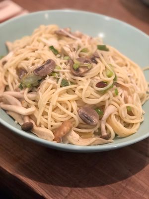 Kinoko mushrooms and soy milk mayonnaise pasta at Gorey Cafe in Kyoto