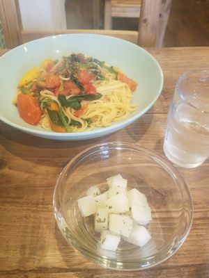 local vegetable pasta and daikon salad at Gorey Cafe in Kyoto