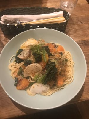 tomato and vegetable pasta at Gorey Cafe in Kyoto