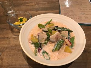 Vegetable soup pasta at Gorey Cafe in Kyoto