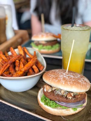 JUGLANS burger with sweet potato fries at Hans im Glück in Central Singapore