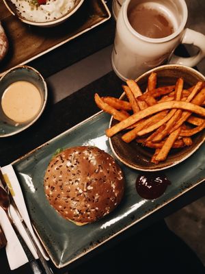 Multi-grain bread, sweet potato fries and weiss beer with hans im glück sauce. at Hans im Glück in Central Singapore