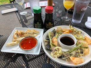 Tempura veggies & crispy tofu strips.  at Ok Bicycle Shop in Mobile