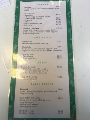 Menu at Green Canteen in Amsterdam