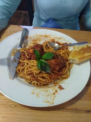 Vegan Spaghetti and Meatballs at Water & Wheat in Coloma