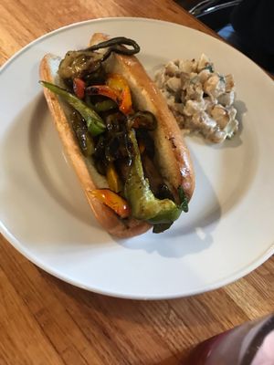 Sausage and pepper sandwich with potato salad  at Water & Wheat in Coloma