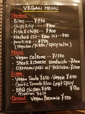 Vegan menu (there were also vegan specials listed elsewhere). at Slices in Osaka