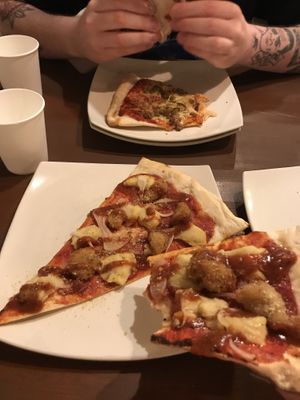 Vegan Bbq chicken pizza is the best! at Slices in Osaka