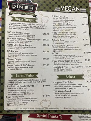  VEgan menu  at Ocala's Downtown Diner in Ocala