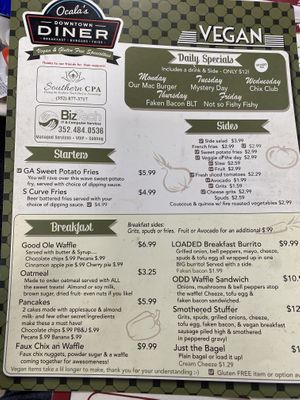Vegan menu  at Ocala's Downtown Diner in Ocala