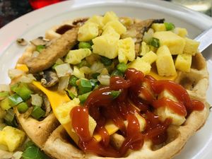 Bizarre but awesome waffle weird thing!  at Ocala's Downtown Diner in Ocala