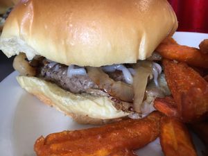 Shrum Impossible Burger with sweet potato fries at Ocala's Downtown Diner in Ocala