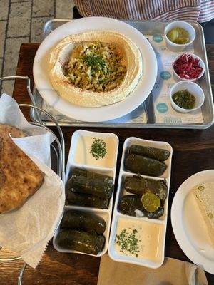 Shawarma bowl, pita, and stuffed grape leaves   at The Hummus House in Fort Lauderdale