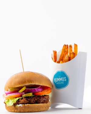 Beyond Burger with sweet potato fries. at The Hummus House in Fort Lauderdale