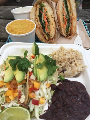 Banh mi, fish tacos, and side of Mac n chz at Supernova Vegan - Food Truck in Portland