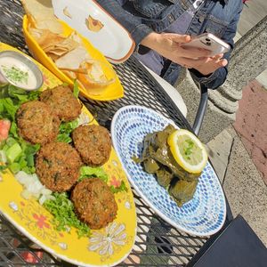 Chips/hummus falafel grapeleaves at Les Amis Restaurant in Fullerton