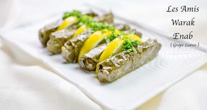 Warak Enab, stuffed grape leaves with Egyptian rice and garbanzo bean, green onion, parsley, mint, pine nuts, olive oil, fresh lemon juice and spices at Les Amis Restaurant in Fullerton