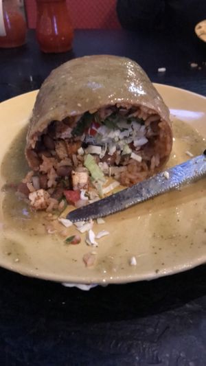 Vegan Tofu Chorizo burrito with verde salsa at Rita's Margaritas & Mexican Grill in Arcata
