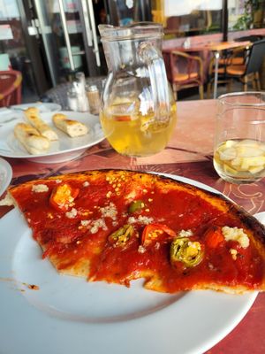 Pizza, dough sticks and apple/ginger lemonade at Lalia Ristorante in Pezinok