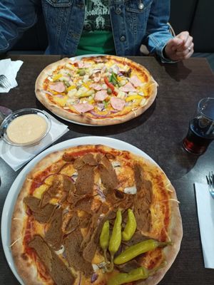 Vegana (top) and vegan Kebap (bottom) pizza at Catarina Restaurang och Pizzeria in Jonkoping