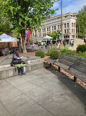 Adjacent seating area at Ballard Farmers Market in Seattle