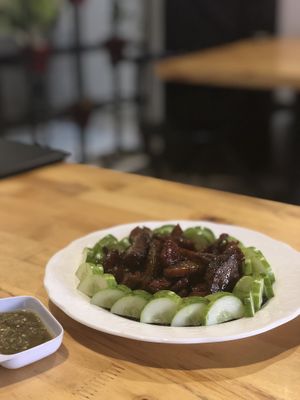 AMAZING house made vegan mock meat! One of his top sellers! at Voi in Medan