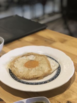 A vegan egg!!! So genius- the chef uses tofu skins to make a crispy outer layer  at Voi in Medan