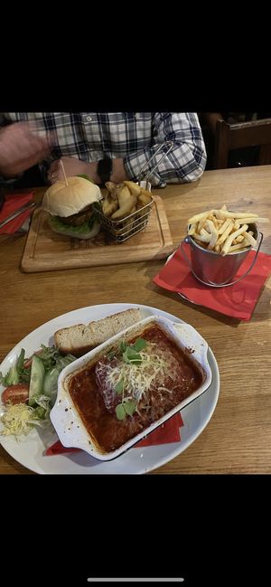 Vegan lasagna and burger   at The Brit in Port Talbot