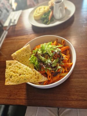 Vodka pasta with garlic bread at The Brit in Port Talbot