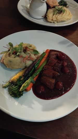 Redefined 'beef' flank, vegan and colcanan mash, great gravy. at The Brit in Port Talbot