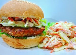 vegan burger home-made with banana flower and mushroom + tofu sauce + cabbage, cucumber, shallot and carrot salad with tahini sauce  at Mahob Buos - Siem Reap in Siem Reap