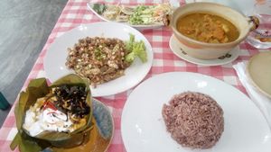 Eggplant caviar on the left with Amok Curry and soup at Mahob Buos - Siem Reap in Siem Reap
